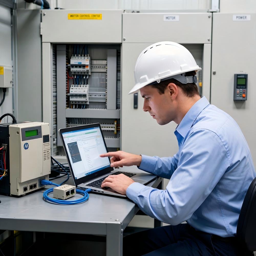 Ingeniero programando controlador PLC Allen Bradley para solución de problemas