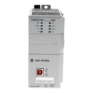Allen-Bradley 1769-L33ER – Front View – status LEDs, CompactLogix door and Allen-Bradley logo