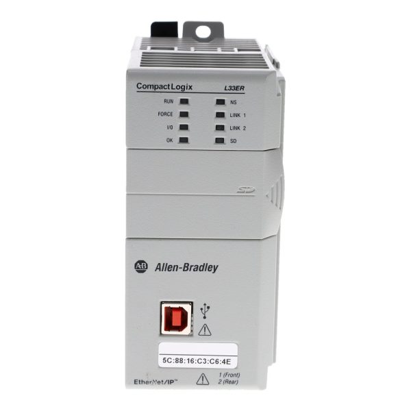 Allen-Bradley 1769-L33ER – Front View – status LEDs, CompactLogix door and Allen-Bradley logo