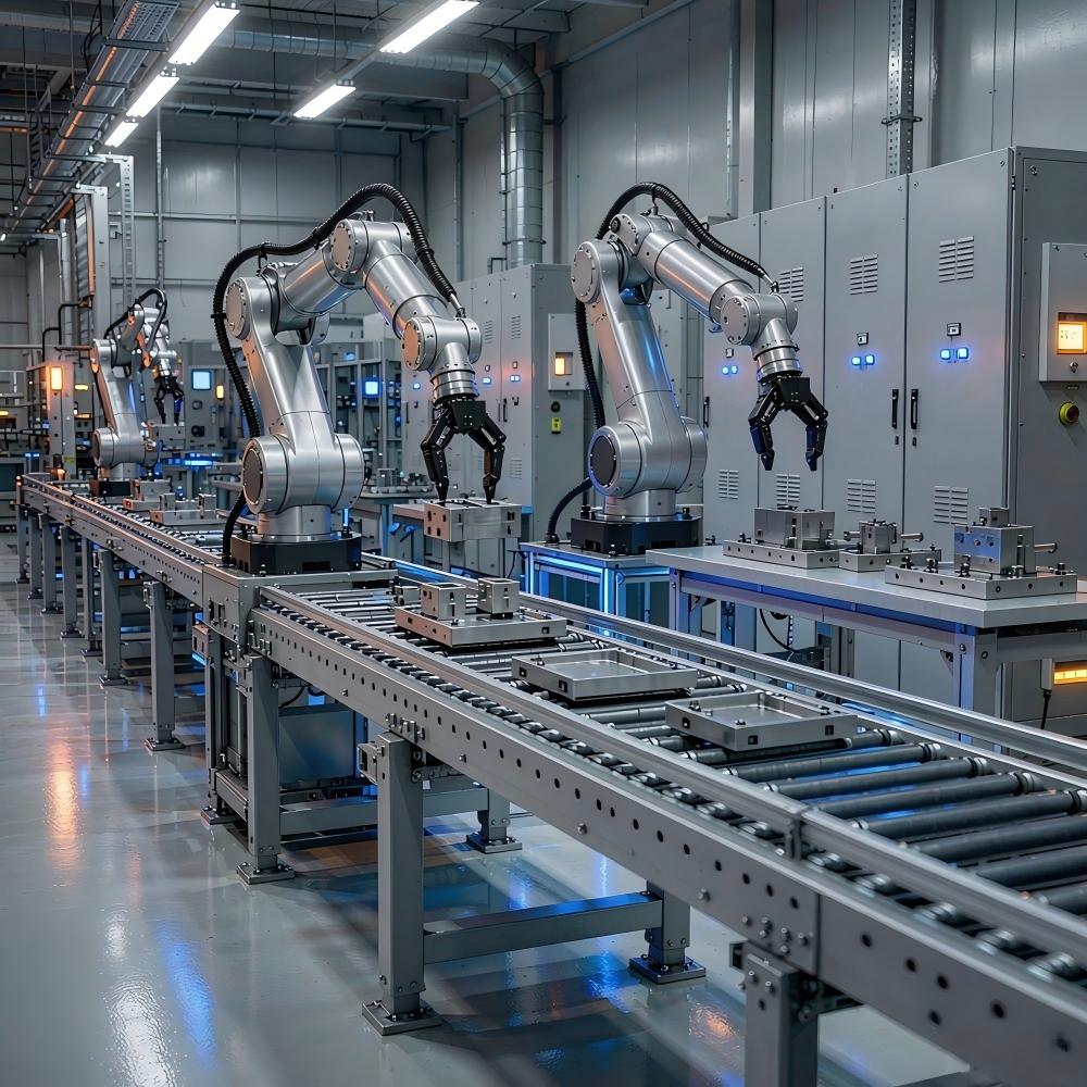 Modern fabrika otomasyon hattında PLC kontrollü robotik üretim sistemi